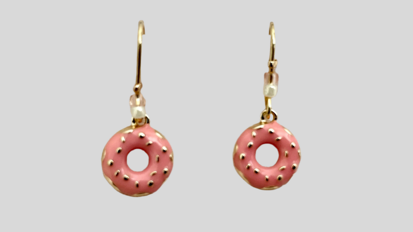 Kawaii Strawberry Donut Earrings, 14K Gold Plated